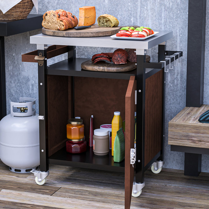 Chariot roulant extérieur spacieux avec table de barbecue - Rangement mobile et roulettes pour ouvre-bouteilles de cuisine