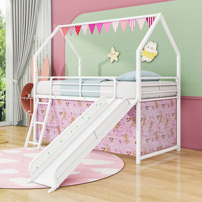 Twin House Loft Bed With Slide And Curtain