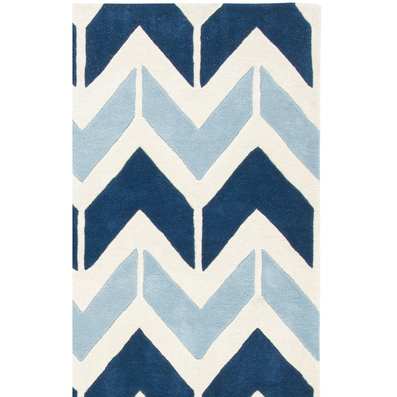 Tapis bleu foncé / bleu clair / blanc en laine touffeté à la main Sanaz, Rectangle 8 pi x 10 pi