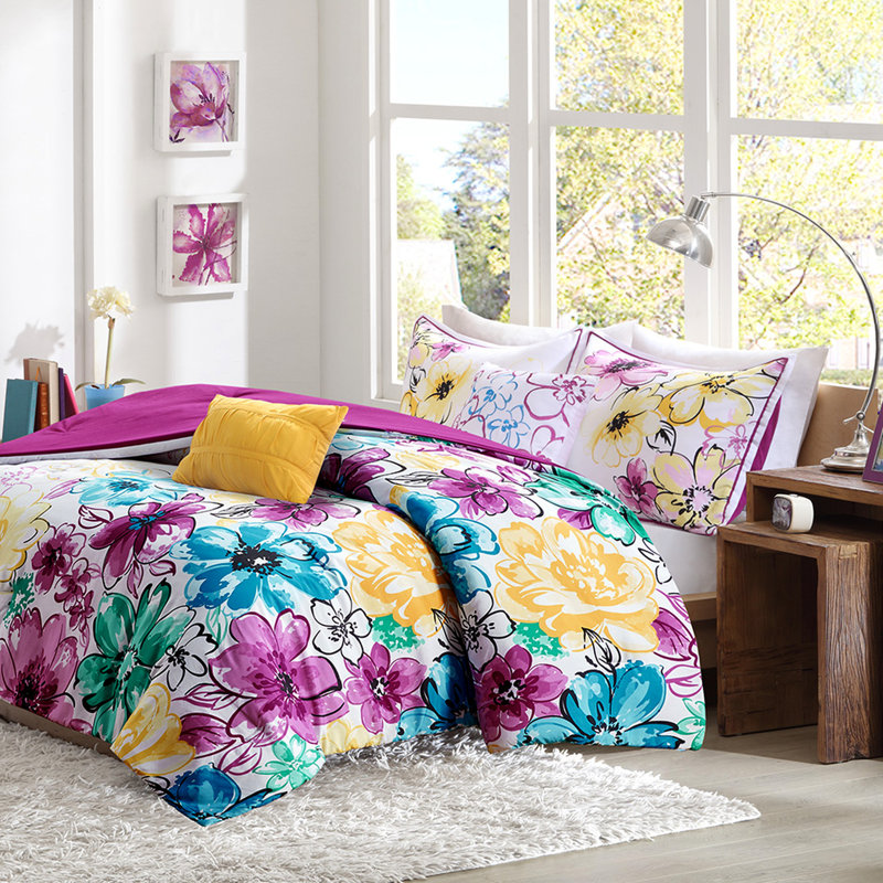 Édredon simple / simple TG avec imprimé floral asymétrique bleu, doux en broderie et