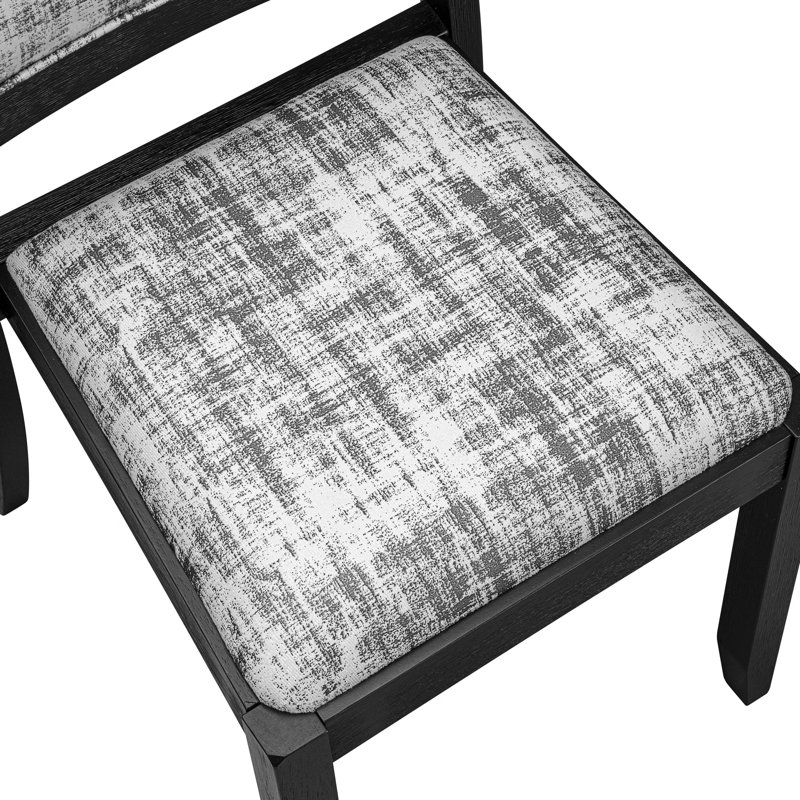 9-piece modern kitchen set consists of a wooden table with tabletop and 8 stackable chairs with White and Gray Pattern Polyester Fabric - Wire-brushed Black