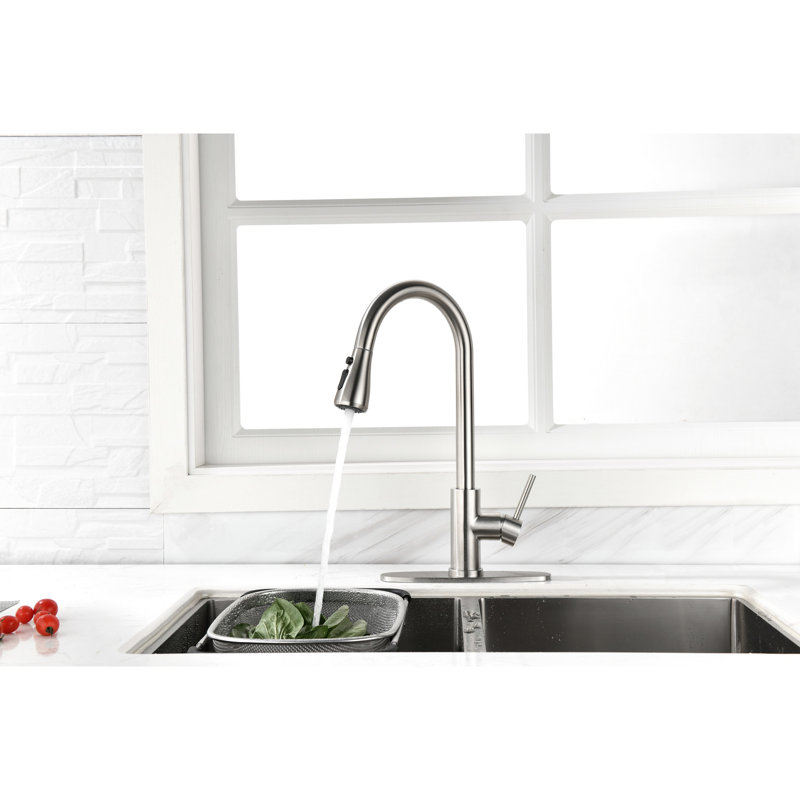 Brushed Nickel High Arc Kitchen Sink Tap With Pull Down Feature - Stainless Steel Single Handle Faucet For Practical Function In Out 360 Rotation