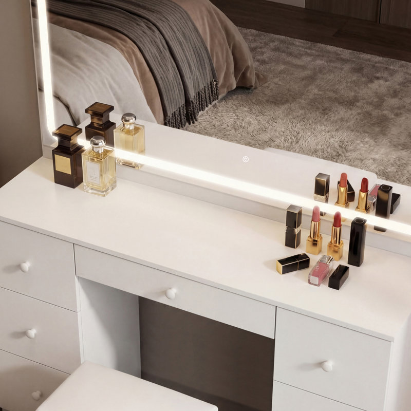 46-inch Salon Vanity Desk with Large LED Mirror, Professional Makeup Dressing Table with 7 Drawers, Charging Station & Adjustable Lights, White