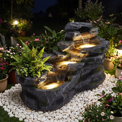 Fontaine d'eau extérieure 36,6 po, fontaine de jardin à 4 niveaux avec lumières DEL, chute d'eau naturelle sur pied avec jardinière, cascades extérieures pour le patio, le porche, la cour arrière et la décoration intérieure