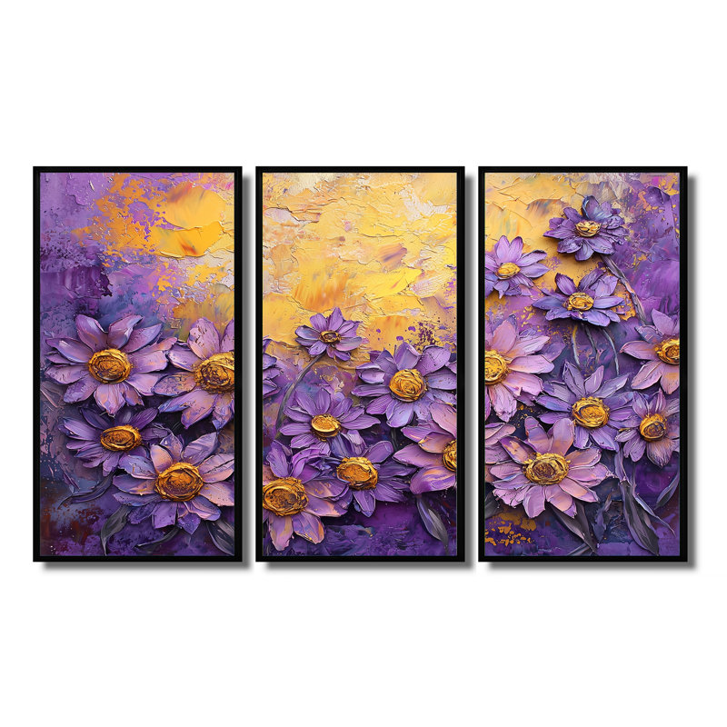 Mauve marguerite de rêve - ensemble d'art mural marguerites, H 28 po x l 36 po, Reproduction avec cadre flottant, Noir
