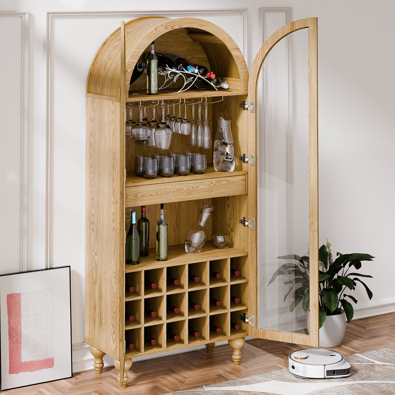 Armoire à vin arquée moderne avec portes en verre, tiroir et support à vin, rangement pour boissons alcoolisées autoportant à 3 niveaux avec poignées dorées, pour la salle à manger ou le salon