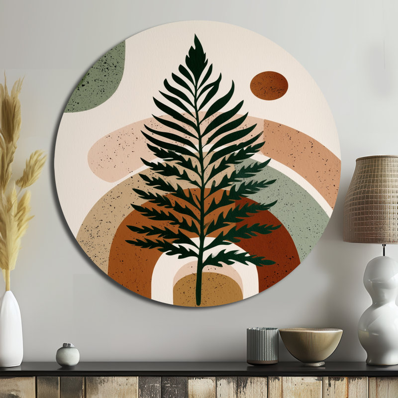 Green Brown Minimalism Fern Composition - Abstract Midcentury Large Round Metal Wall Art, 29" W x 29" H