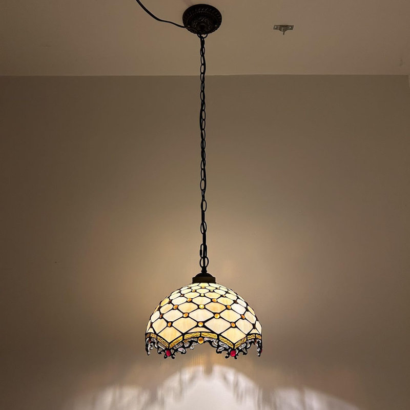 Beige Stained Glass Crystal Bronze Pendant Light with LED Bulb