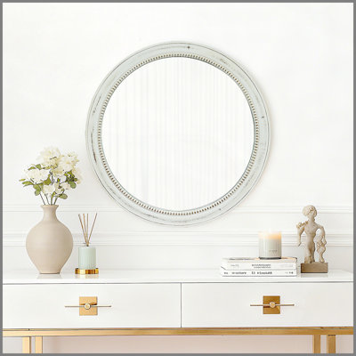 Miroir mural rond rond en bois vieilli blanc perlé, miroir décoratif vintage 23,62 po pour salle de bain, chambre à coucher, entrée, miroir décoratif