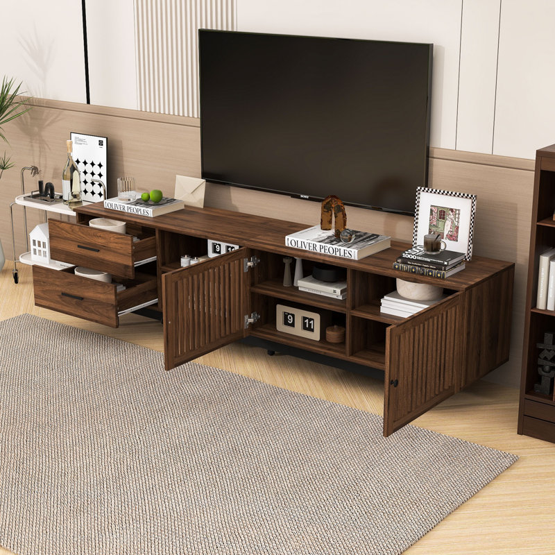 Meuble télé avec tiroirs profonds, tablettes réglables, trous pour câbles et pieds robustes