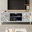 Meuble télé en miroir pour téléviseur de 65 pouces et plus, console de télévision avec rangement ouvert et 2 armoires de rangement, portes de miroir en forme de M pour le salon