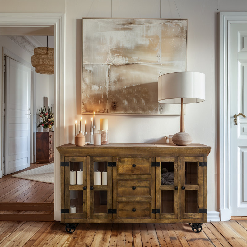 Lorraine 72" Mango Wood Sideboard with Glass Doors and Cast Iron Wheels