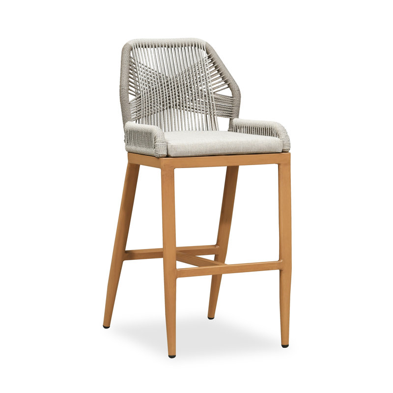 PURPLE LEAF Patio Outdoor UV-Proof Wicker Bar Stool with Detachable Cushion, Teak