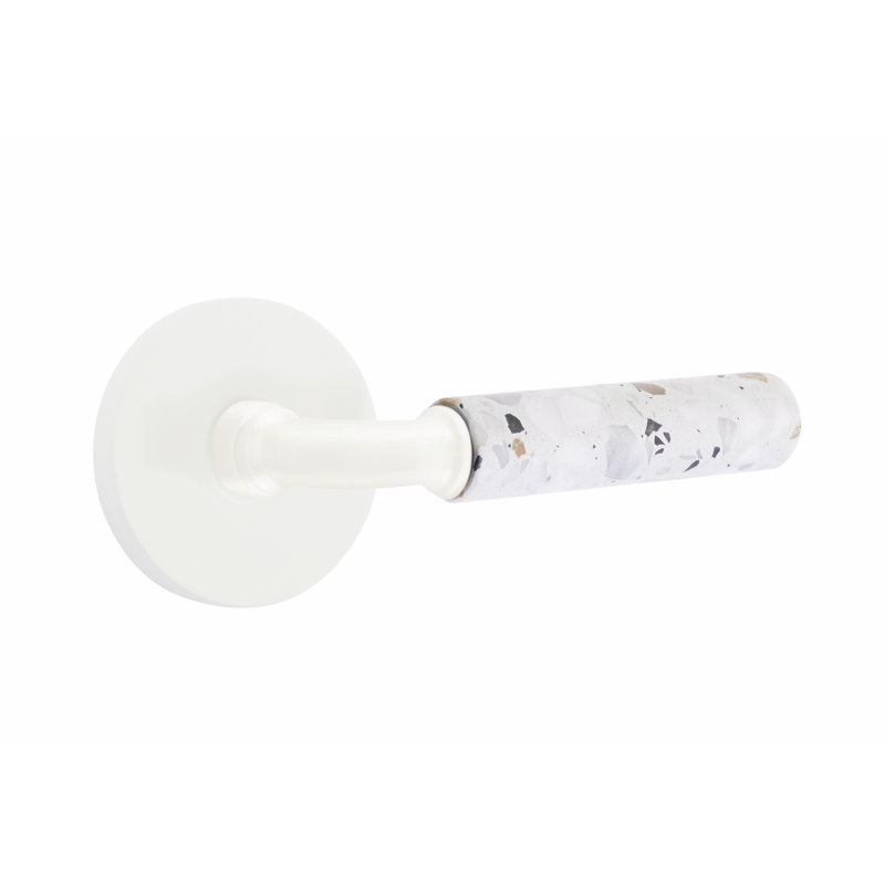 Select Round Privacy (Bed & Bath) Door Lever with Round Rosette, Universal/Reversible, Matte White/Light Terrazzo