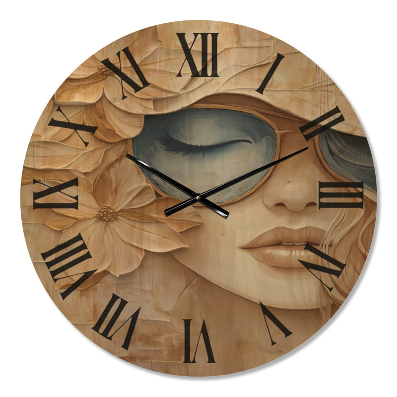 Horloge murale ronde glamour Sunlit Blossom Muse, imprimée sur bois, Large