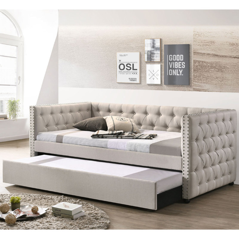 Wickman Daybed with Trundle,Platform Bed,Bed Frame, Twin, Beige, Solid Wood