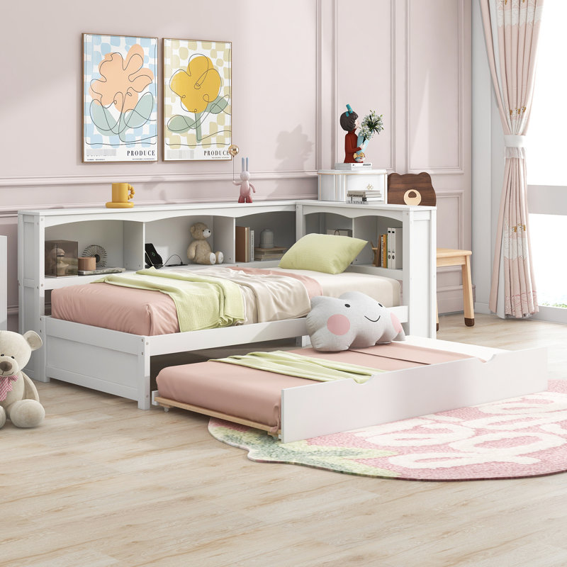 Lit de jour simple avec lit gigogne et rangement - Fentes en bois massif blanc