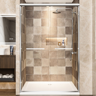 Double Sliding Shower Door Of Aluminum Frame, 48" W X 72" H, 1/4"  6Mm  Tempered Glass With - Proof Film, Adjustable Width And Waterproof For Bathroom In Clear Width, Stainless Steel Handles