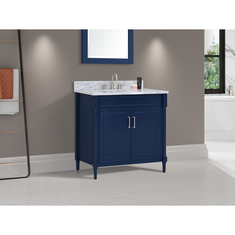 Navy Blue Single Bathroom Vanity with Carrara Marble Top