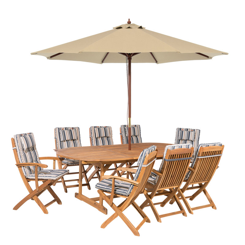 Maren 8 - Person Acacia Wood Patio Dining Set with Extendable Oval Table , Cushions Included