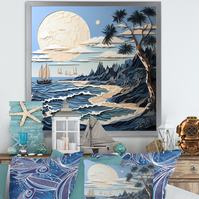 «Beach Boat Elegance Papercut I», reproduction sur toile, Cadre simple argenté, H 30 po x l 30 po x P 1 po