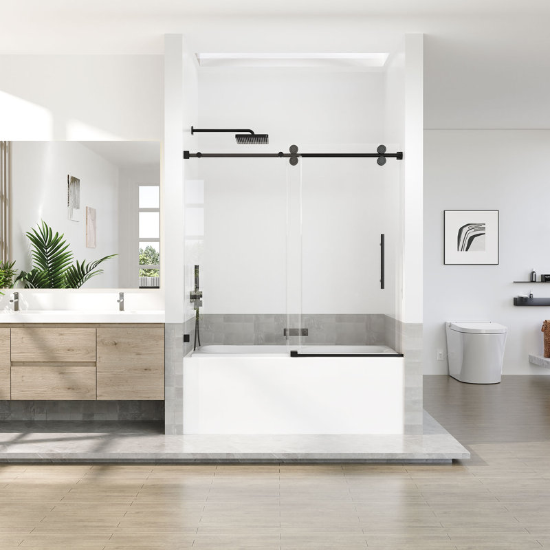 56-60 In. W X 66 In. H Single Sliding Frameless Tub Door With 5/16 In. Tempered Clear Glass, Matte Black