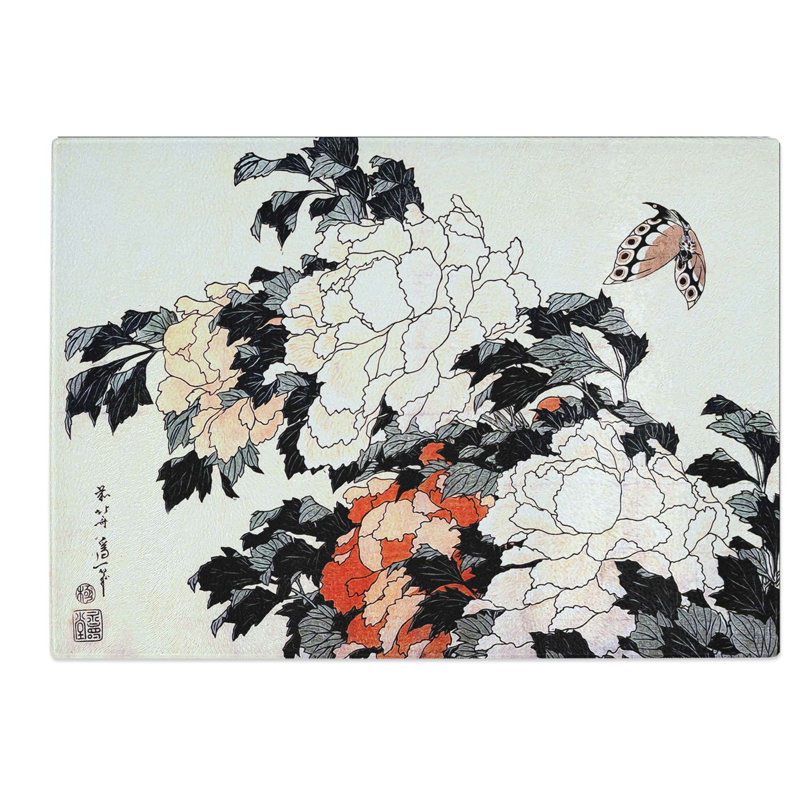 Tempered Glass Peonies and Butterfly by Katsushika Hokusai Chopping Board, 28.5 cm W x 20 cm L