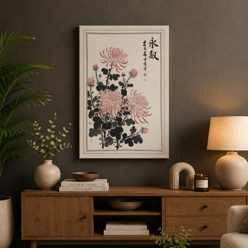 Chrysanthemum Study Japandi - Wrapped Canvas, 24x16 - 61.0 x 40.6 cm, Teal Border
