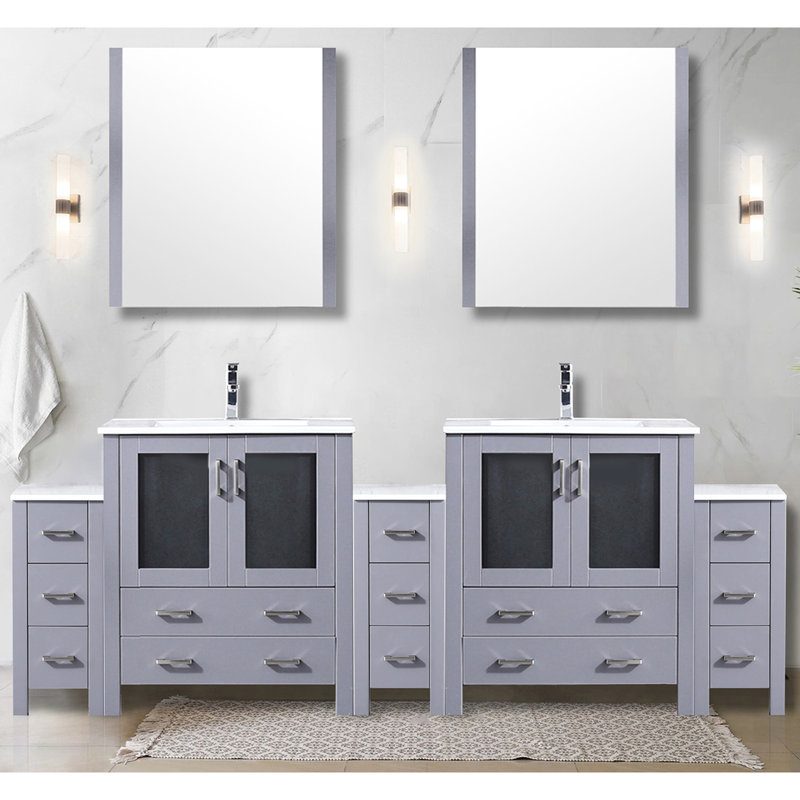 Meuble-lavabo double gris foncé de 96 po En largeur, armoires latérales, comptoir en céramique blanche, 28 miroirs et robinet, surface large pour la salle de bain avec robinet en acier inoxydable,