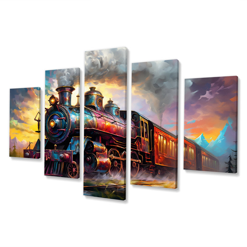 «Steamtrain Travelling In The Sunset», peinture I - train, art mural sur toile - 5 panneaux