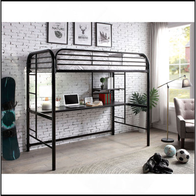 Échelle attachée à structure noire en métal de style contemporain avec lit simple et dessous de lit et poste de travail avec garde-corps