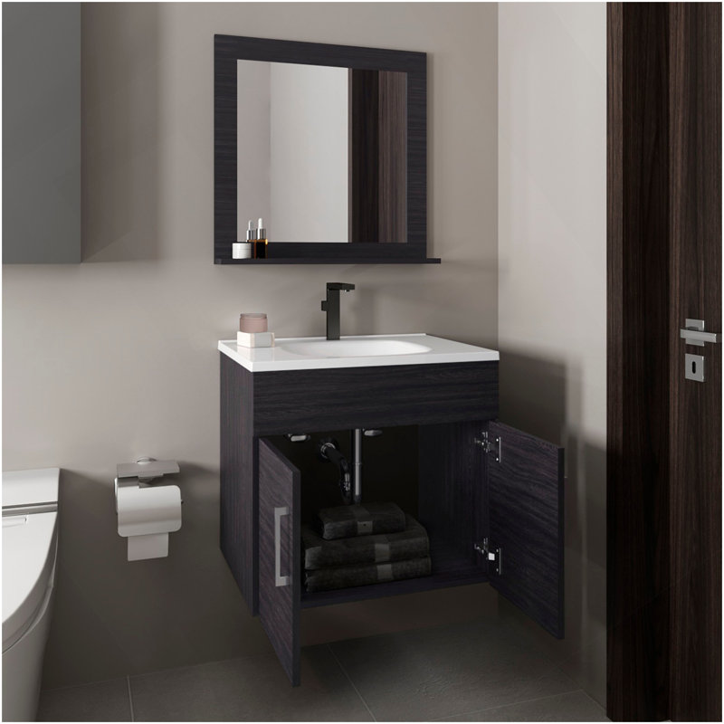 Ensemble de salle de bain, lavabo + miroir, 2 portes, 1 tablette, 1 miroir, wengé noir, Noir