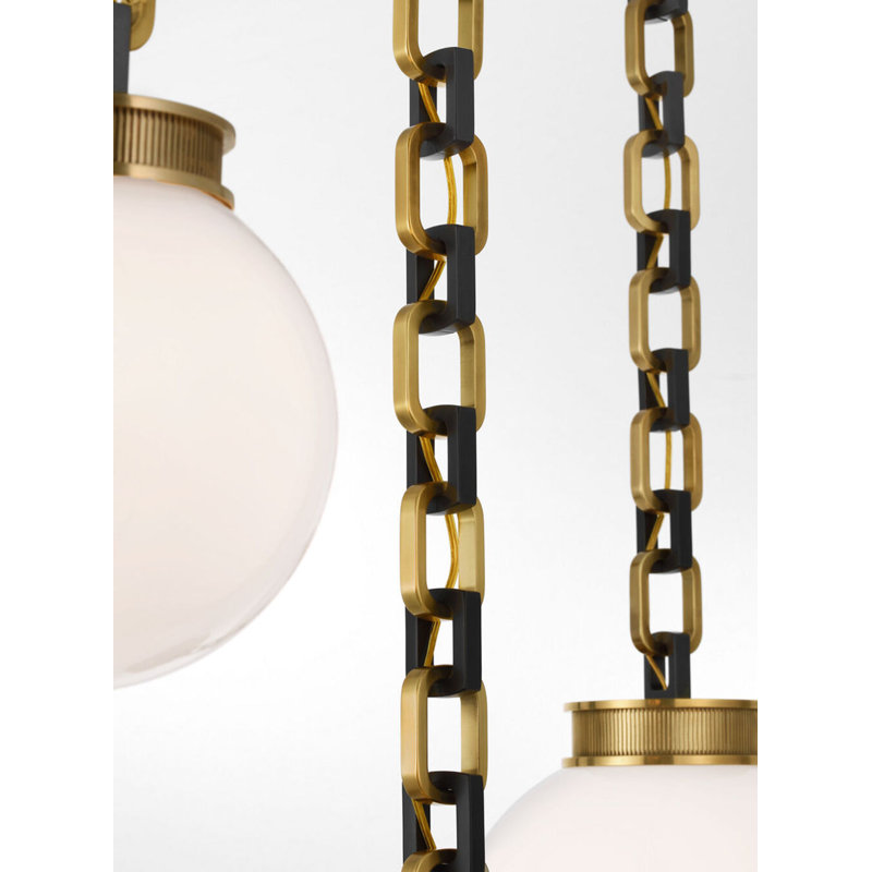 Bellamy 3 Light Statement Chain Multi Globe Chandelier, White, Soft Brass and Bronze
