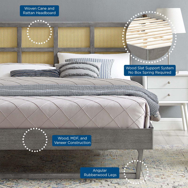 Gray Queen Wood Platform Bed with Cane Headboard