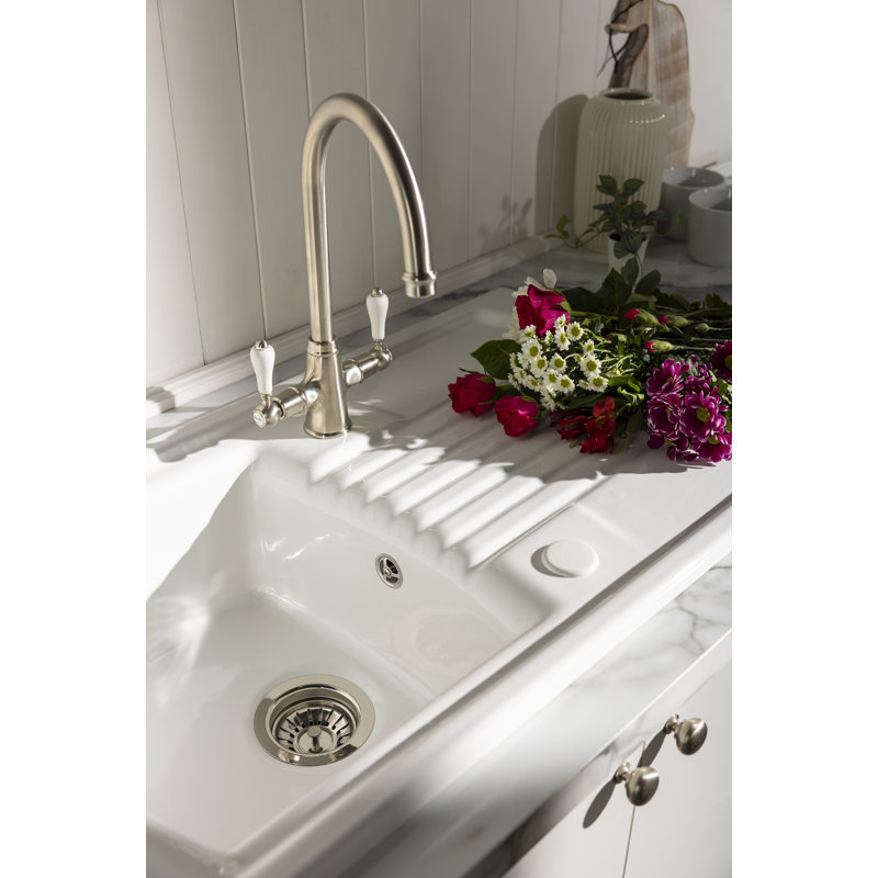 Abode Designs Milford 500mm W Single Bowl Ceramic Drop-In Kitchen Sink with 2 Faucet Holes