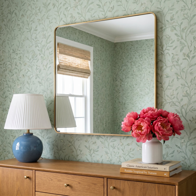 Metal Square Wall Mirror, 48"  x 48" , Brass