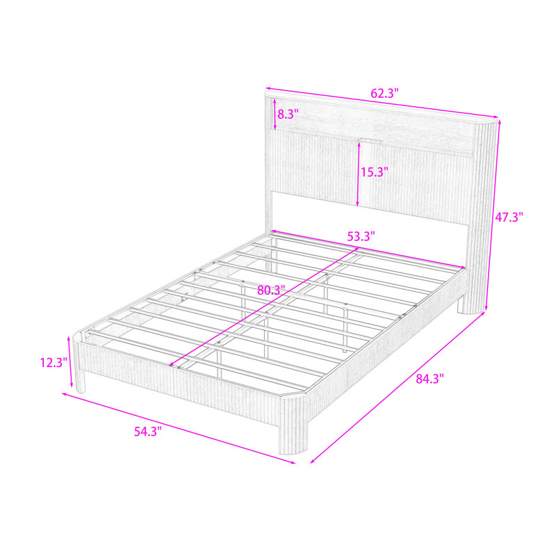 Lit plateforme en bois avec tête de rangement, station de charge USB et prise, Double XL, Naturel