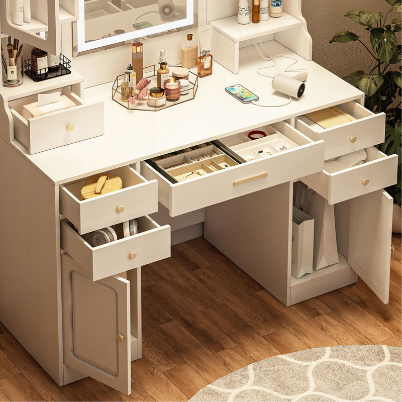 Grande coiffeuse avec miroir, 6 tiroirs et tablettes, bureau de commode
