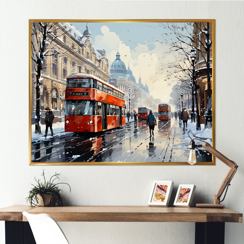 London Urban Red Bus In UK - Bus, art mural, Cadre flottant noir, H 12 po x l 20 po x P 1 po