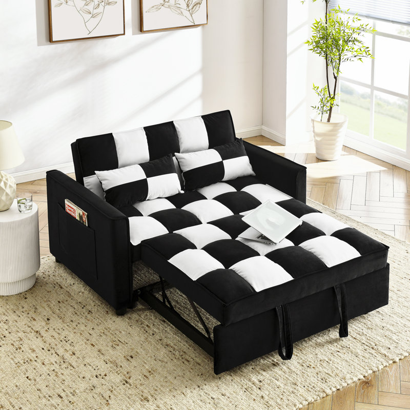 Ornella Modern 4 in1 Loveseat Sofa Bed with Armrests & Storage Pockets, Black/White