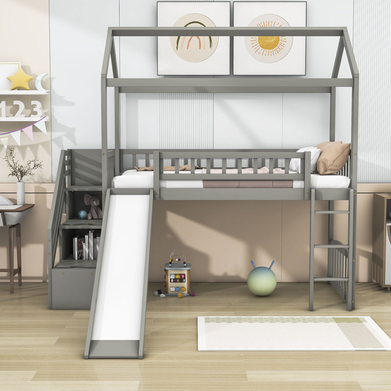 Kaing Twin Size Loft Bed with Slide and Storage, Gray