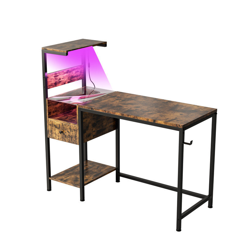Modern Computer Desk with Built-in Power Outlet, USB Charging Station, and LED Lights, Brown/Black