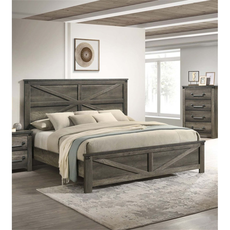 Grand lit rustique de style campagnard avec tête de lit au design unique et détails métalliques, assemblage simple requis