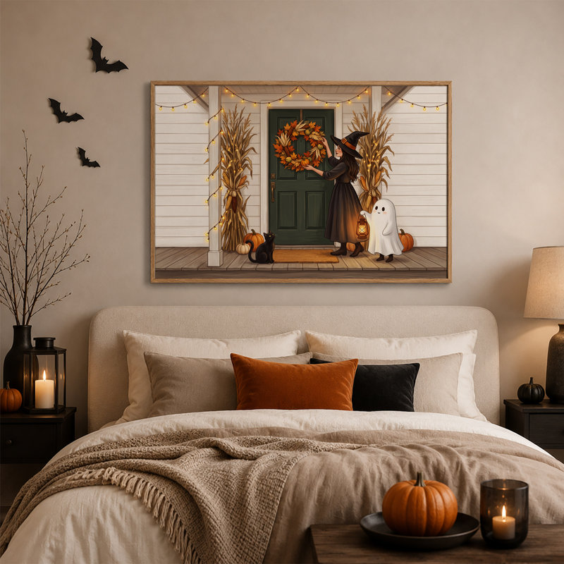 Art mural sur toile, sorcière suspendue automne sur porche avec fantôme, H 24 po x l 36 po