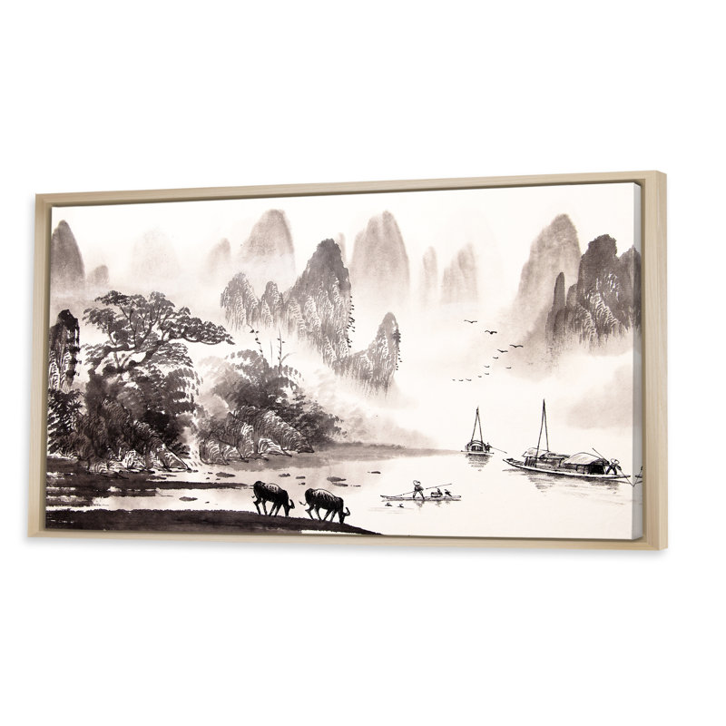 Peinture de paysage chinois III - peinture sur toile, L 40 po x H 30 po, Encadrement brun