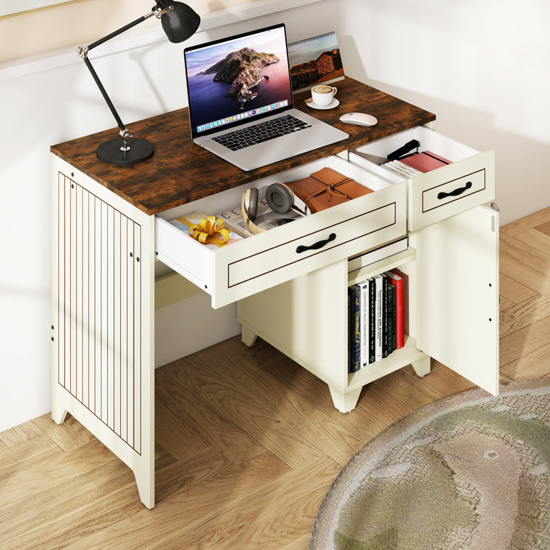 Bureau de direction 40 po avec deux tiroirs, armoire et prises de courant, bureau à domicile pour bureau à domicile, chambre à coucher