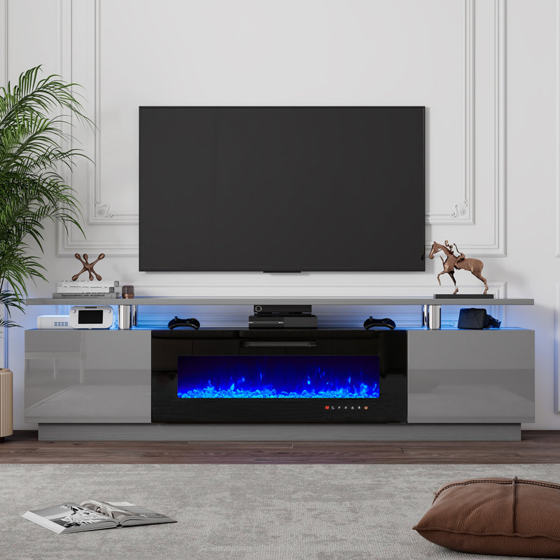 Meuble télé Bhhatu à 2 niveaux de 80 po avec foyer électrique brillant, gris, Gris, 80"