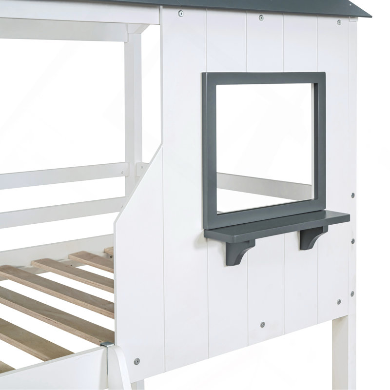 Lit superposé simple au-dessus d'un lit simple en bois avec toit, fenêtre, garde-corps et échelle, Blanc