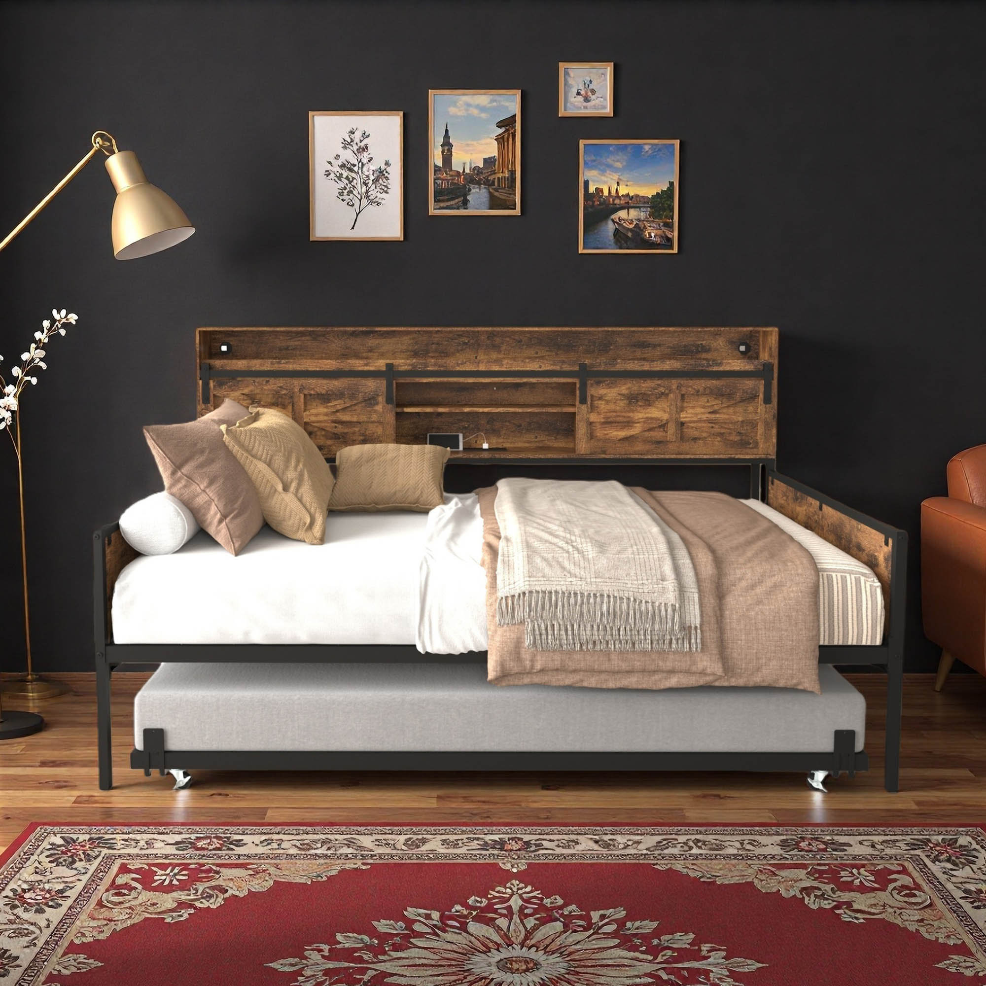 Everly Quinn Twin Size Farmhouse Daybed With Pop-up Trundle, Sliding ...