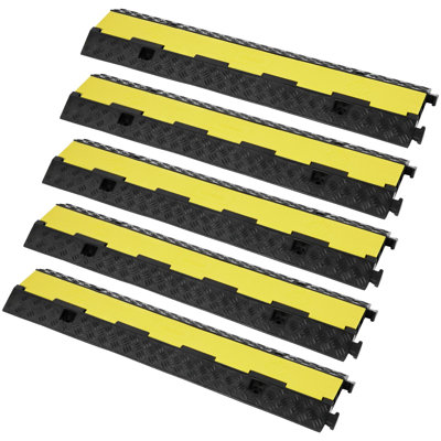 Rampe de protection de câbles en caoutchouc 5 pièces, double canal, capacité de charge de 12 000 lb par essieu, robuste, pour allées, avec accès facile et ruban de signalisation de 50 pi pour une utilisation intérieure et extérieure.